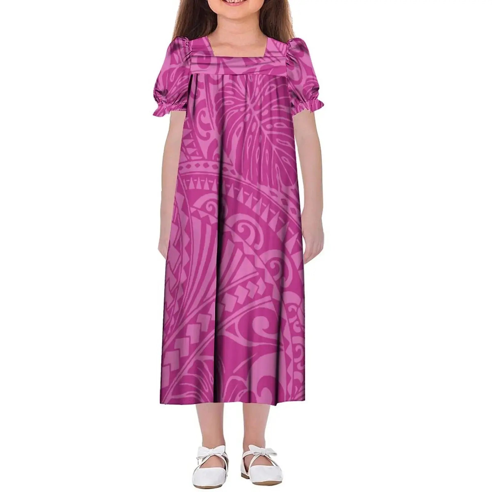 New Design Customized Polynesian Tribal Printed Girls Micronesian Mumu Children Clothing Kids Puff Sleeve Puffy Dress for Girls Boutique Mélange Parfait