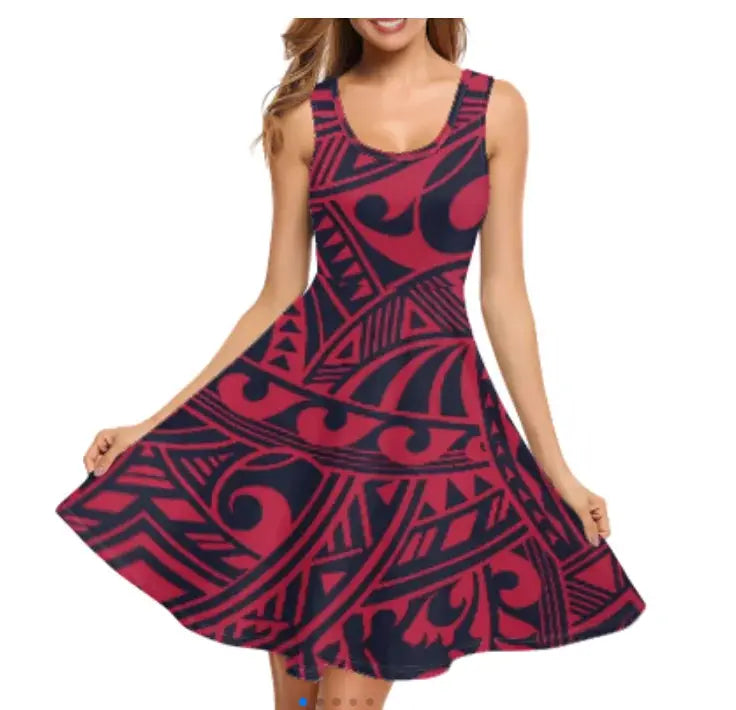 Print on Demand Wholesale Custom Blue Polynesian Pattern Women's Summer Spaghetti Strap Casual Swing Tank Beach Cover up Dress Boutique Mélange Parfait