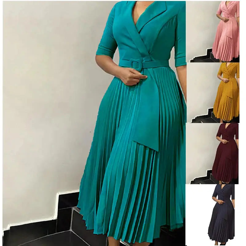 Women's Clothing Ladies Elegant Temperament Casual Dresses Fashion Suit Collar Pleated Waist Casual Office Plus Size Dress Boutique Mélange Parfait