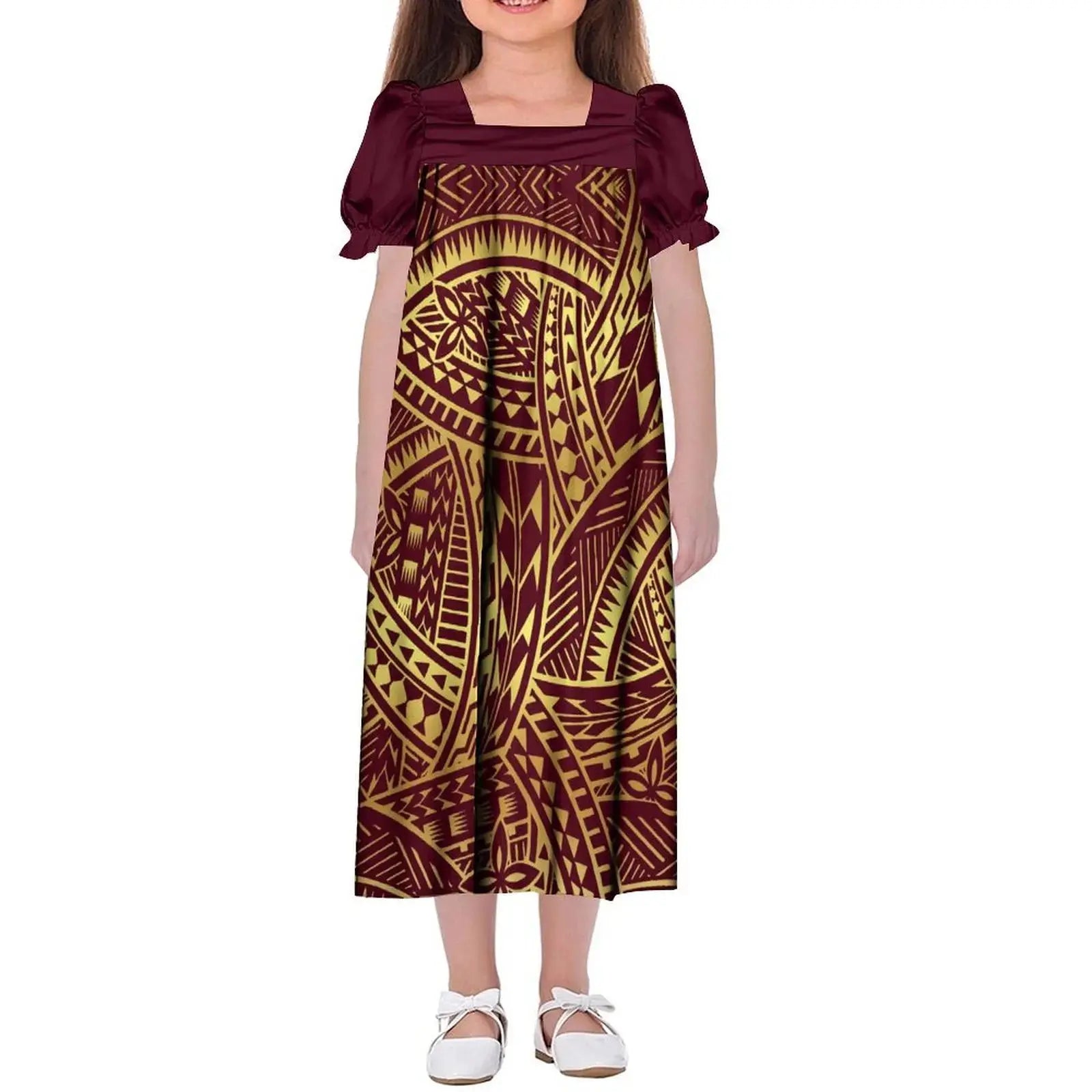 New Design Customized Polynesian Tribal Printed Girls Micronesian Mumu Children Clothing Kids Puff Sleeve Puffy Dress for Girls Boutique Mélange Parfait