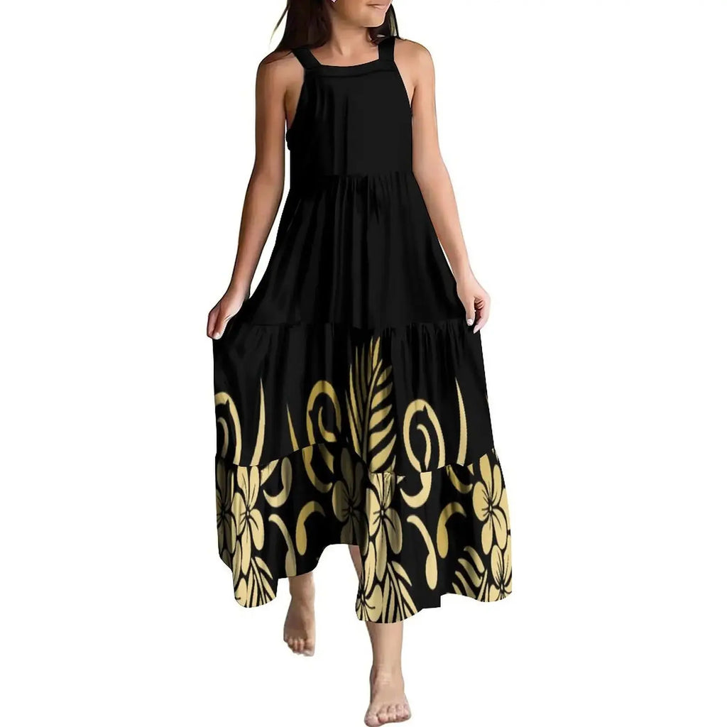 Hawaiian Style Tropical Floral Printing Sleeveless Sling Kids Dress Summer Beach Long Girls Dress OEM Custom Children Clothing Boutique Mélange Parfait