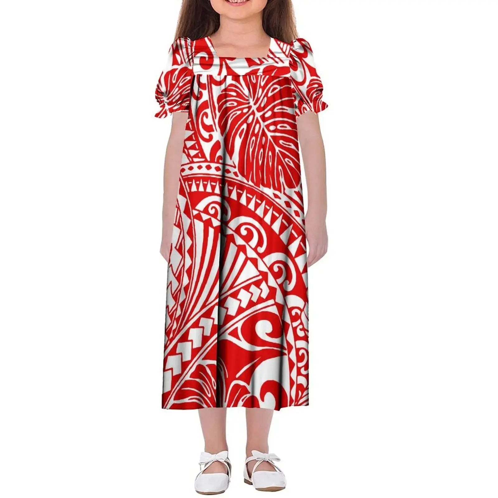 New Design Customized Polynesian Tribal Printed Girls Micronesian Mumu Children Clothing Kids Puff Sleeve Puffy Dress for Girls Boutique Mélange Parfait