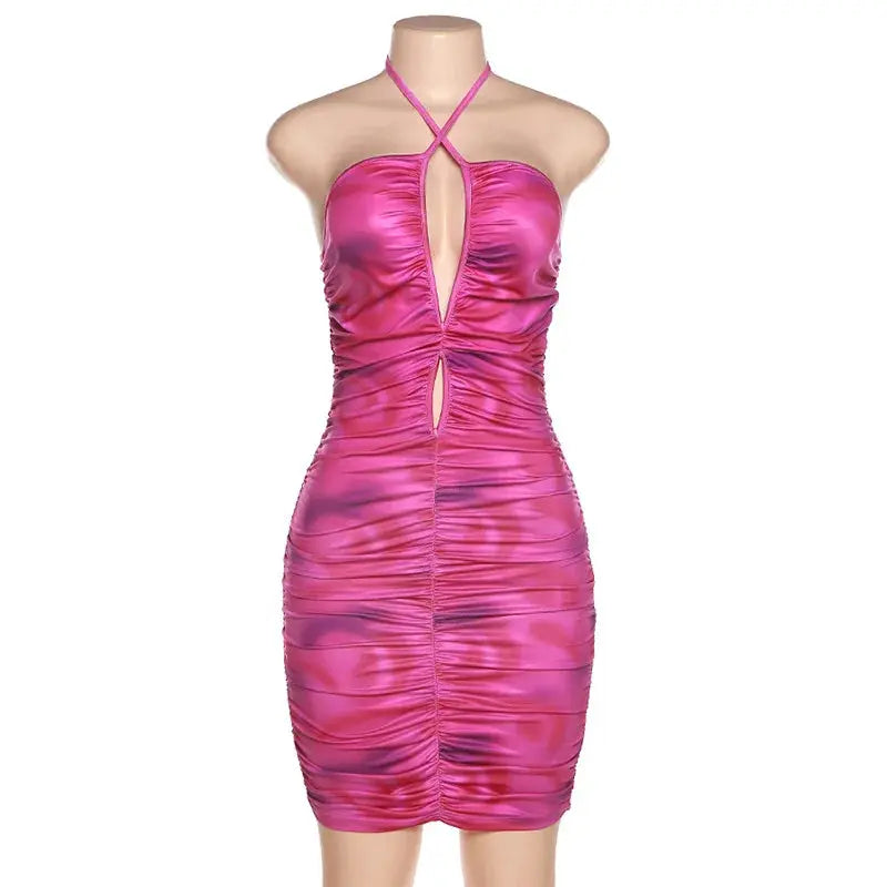 WY8017 Tie Dye Summer Bandage Halter Dress Sexy Backless Fashion Woman Short Dress Boutique Mélange Parfait