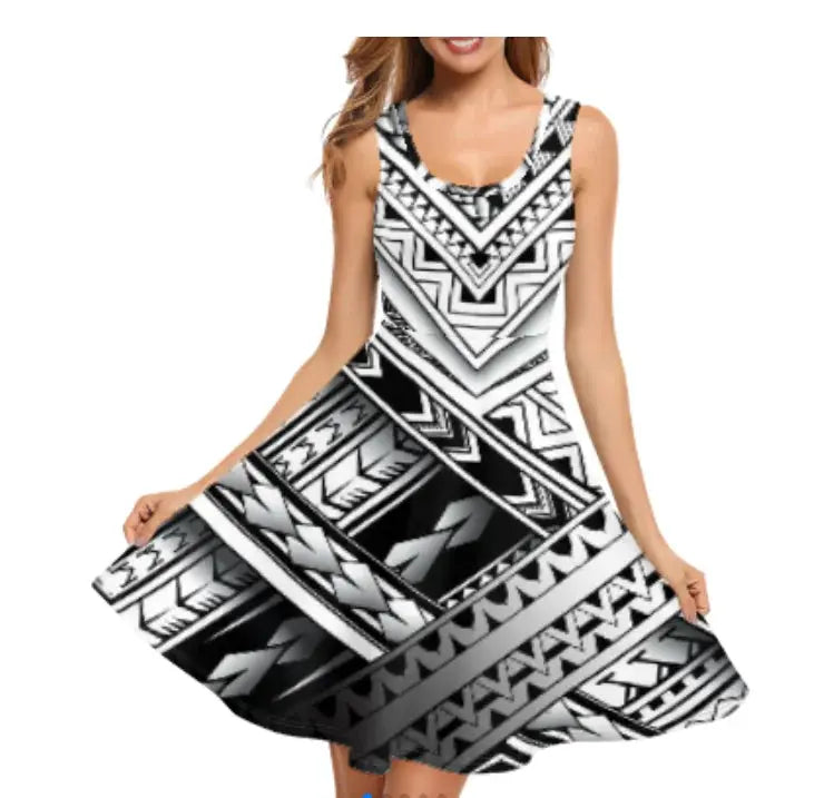 Print on Demand Wholesale Custom Blue Polynesian Pattern Women's Summer Spaghetti Strap Casual Swing Tank Beach Cover up Dress Boutique Mélange Parfait