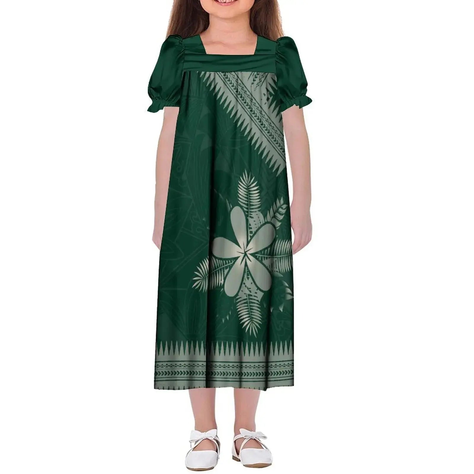 New Design Customized Polynesian Tribal Printed Girls Micronesian Mumu Children Clothing Kids Puff Sleeve Puffy Dress for Girls Boutique Mélange Parfait