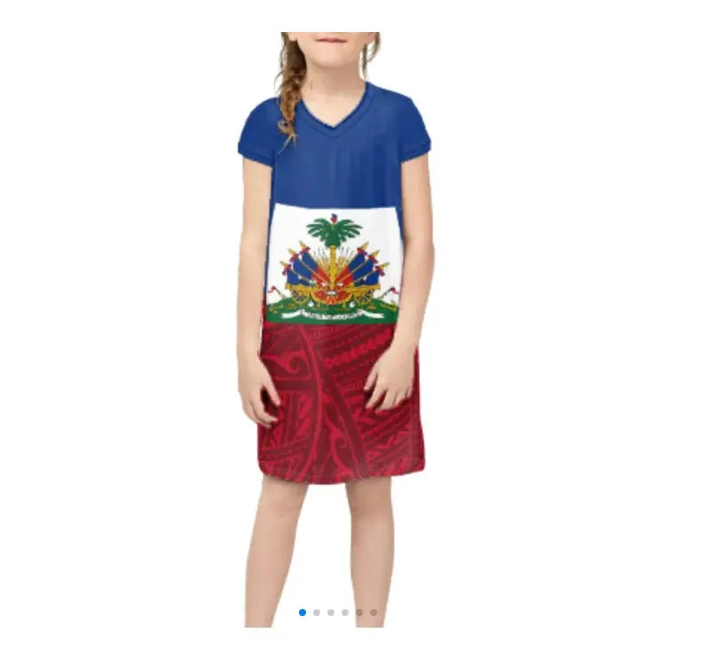 Promotional Custom Wholesale Breathable Luxury Haitian Dress Haiti Flag Kids Dresses for Girls Dresses 2-12 Children Clothing Boutique Mélange Parfait