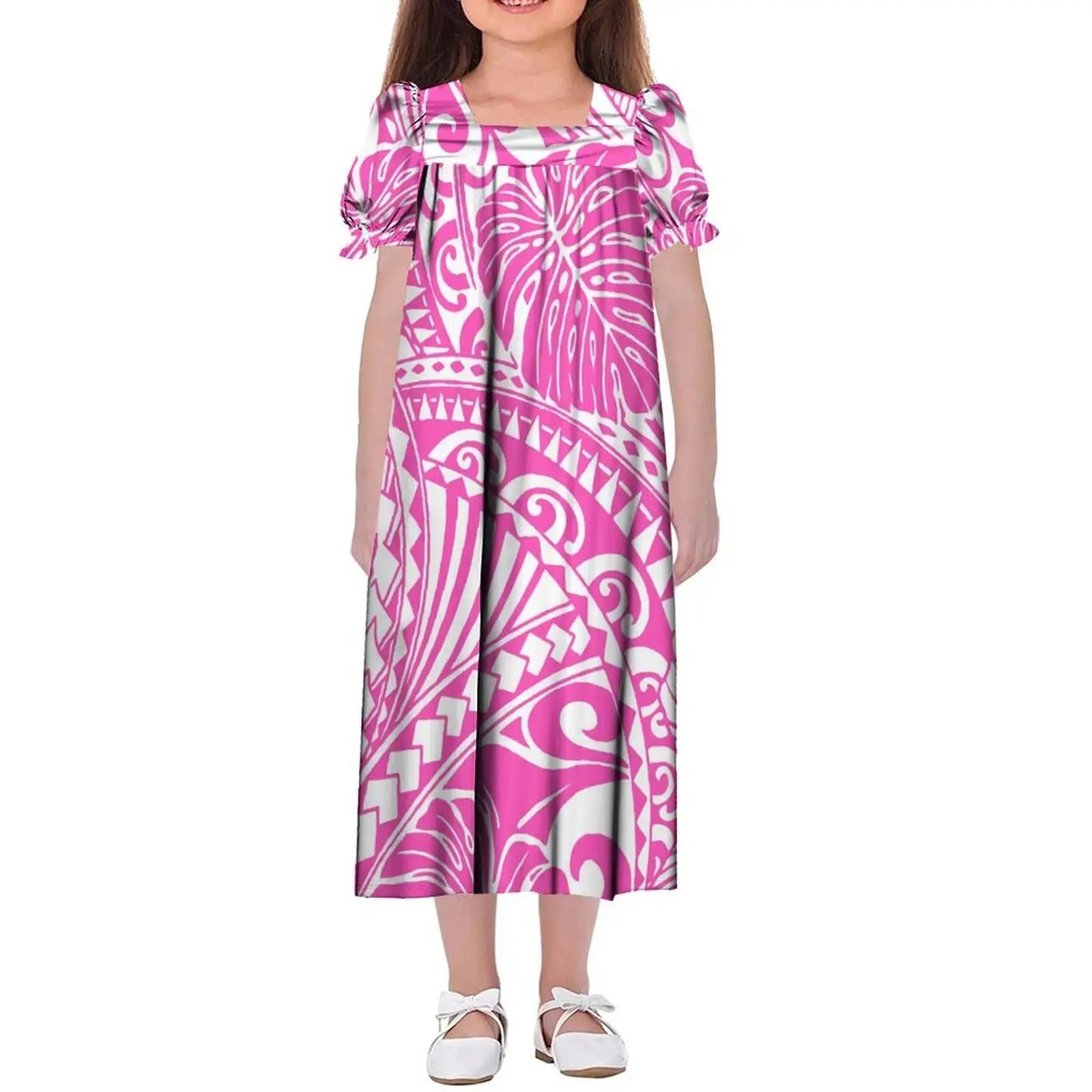 New Design Customized Polynesian Tribal Printed Girls Micronesian Mumu Children Clothing Kids Puff Sleeve Puffy Dress for Girls Boutique Mélange Parfait