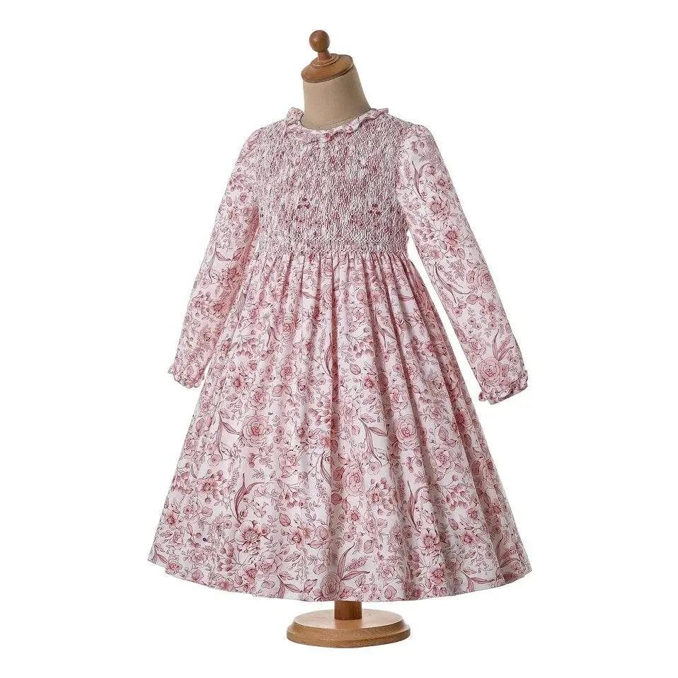 Pettigirl Kids Long Sleeve Smock Dress Girls Pink Smocked Children Clothing Wholesale Vintage Girl Dress 2 3 4 5 6 8 10 12Y Boutique Mélange Parfait