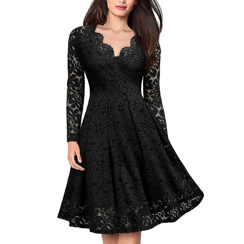 Spring Europe Women V-neck Lace Floral Elegant Casual Dress Lining Long Sleeve Fashion Lady Women Irregular A-line Party Dress Boutique Mélange Parfait