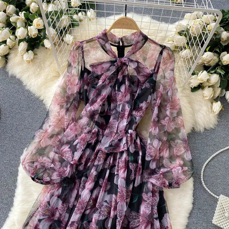 Long Sleeve O-Neck Print A-Line Dress Autumn Simple Chiffon High Waist Maxi Dress Ladies Casual Dress Clothes Women Wholesale Boutique Mélange Parfait