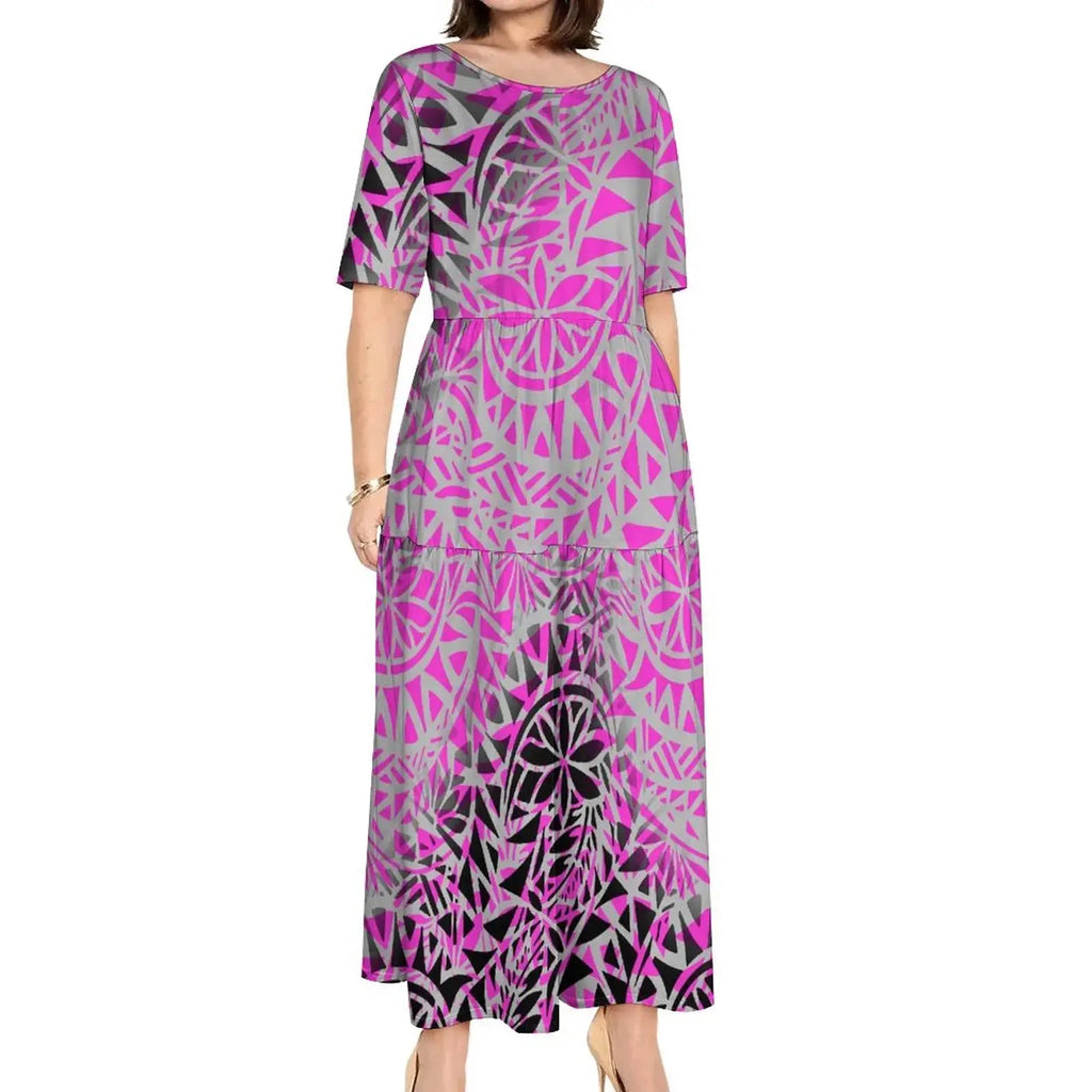 Island Clothing 2023 Short Sleeve Monstera Leaf Evening Dresses Polynesian Tribal Hawaiian Print Custom Samoan Dress Women Boutique Mélange Parfait