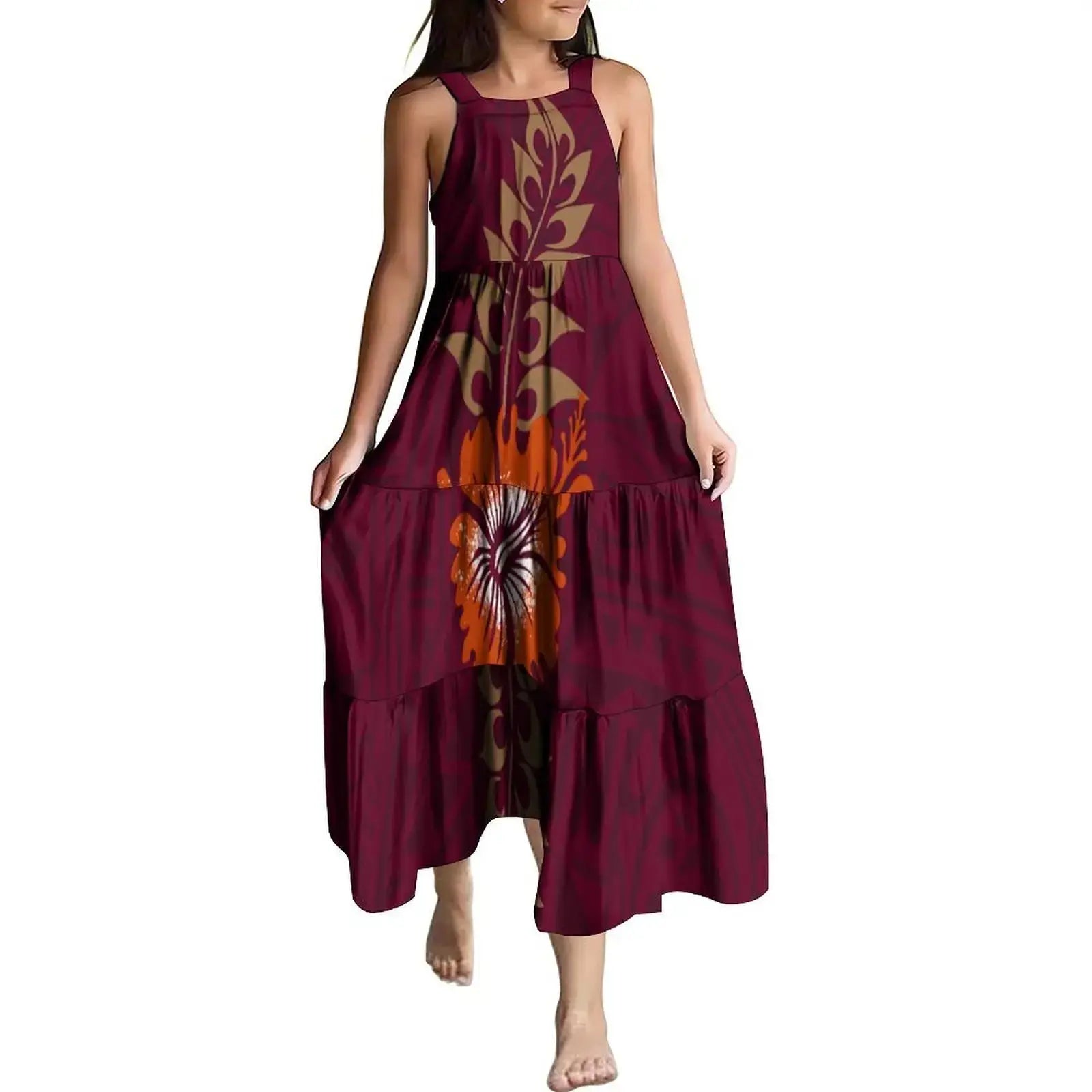 Hawaiian Style Tropical Floral Printing Sleeveless Sling Kids Dress Summer Beach Long Girls Dress OEM Custom Children Clothing Boutique Mélange Parfait