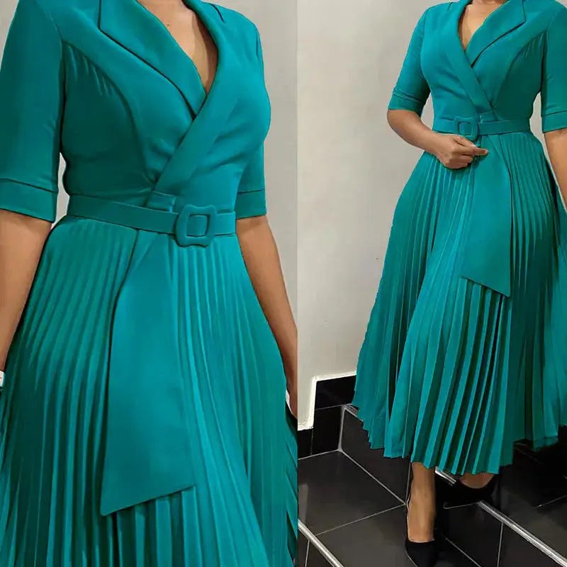 Women's Clothing Ladies Elegant Temperament Casual Dresses Fashion Suit Collar Pleated Waist Casual Office Plus Size Dress Boutique Mélange Parfait