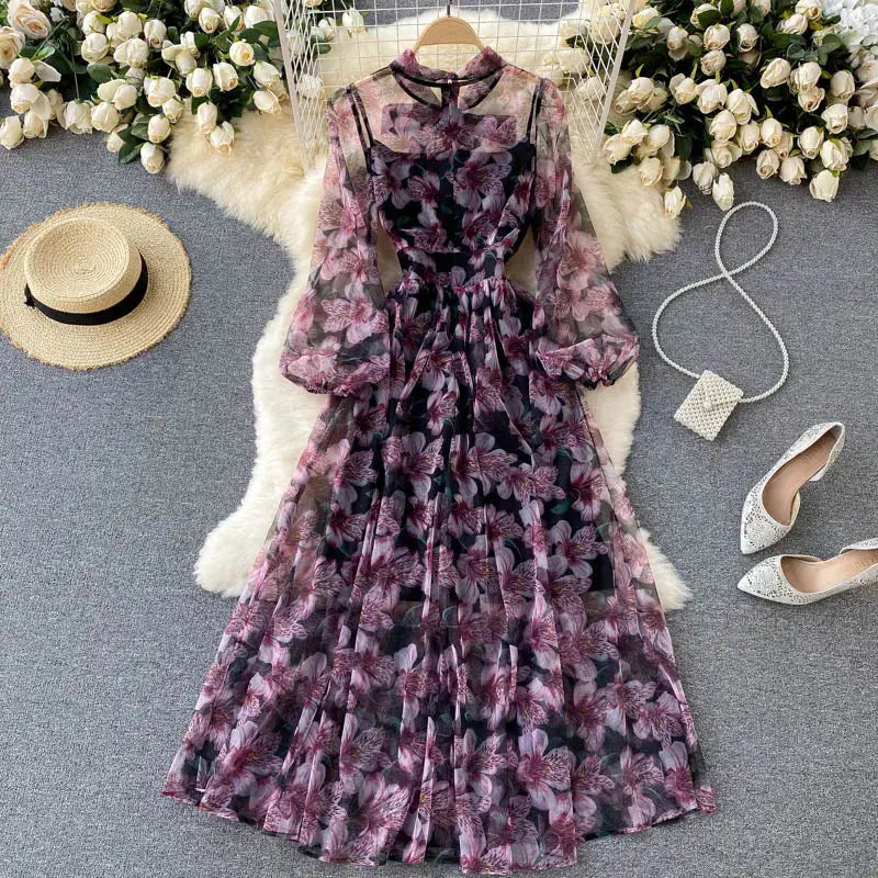 Long Sleeve O-Neck Print A-Line Dress Autumn Simple Chiffon High Waist Maxi Dress Ladies Casual Dress Clothes Women Wholesale Boutique Mélange Parfait