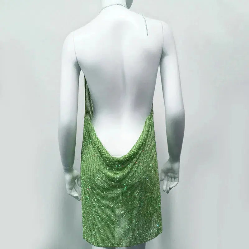 Women Gold Silver Black Backless Halter Drape Diamond Dresses Green Pink Rhinestone Chainmail Side Slit Mini Dress Boutique Mélange Parfait