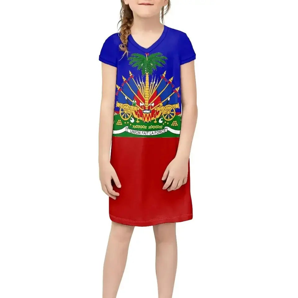 Promotional Custom Wholesale Breathable Luxury Haitian Dress Haiti Flag Kids Dresses for Girls Dresses 2-12 Children Clothing Boutique Mélange Parfait