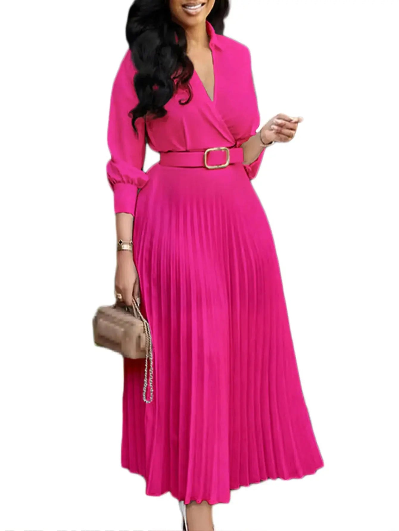 2026 Trendy Spring Dresses Women Lady Elegant Long Sleeve V-neck Pleated Office Dress Elegant Casual Dresses With Belt Boutique Mélange Parfait