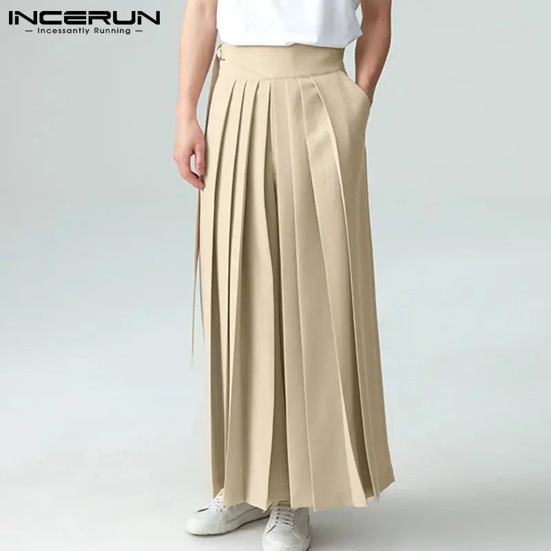 INCERUN-Pantalon Plissé Solide pour Homme, Poches à Lacets, Jambes Larges, FjMen Streetwear, Mode Décontractée, Pantalon S-5XL, 2024 Boutique Mélange Parfait