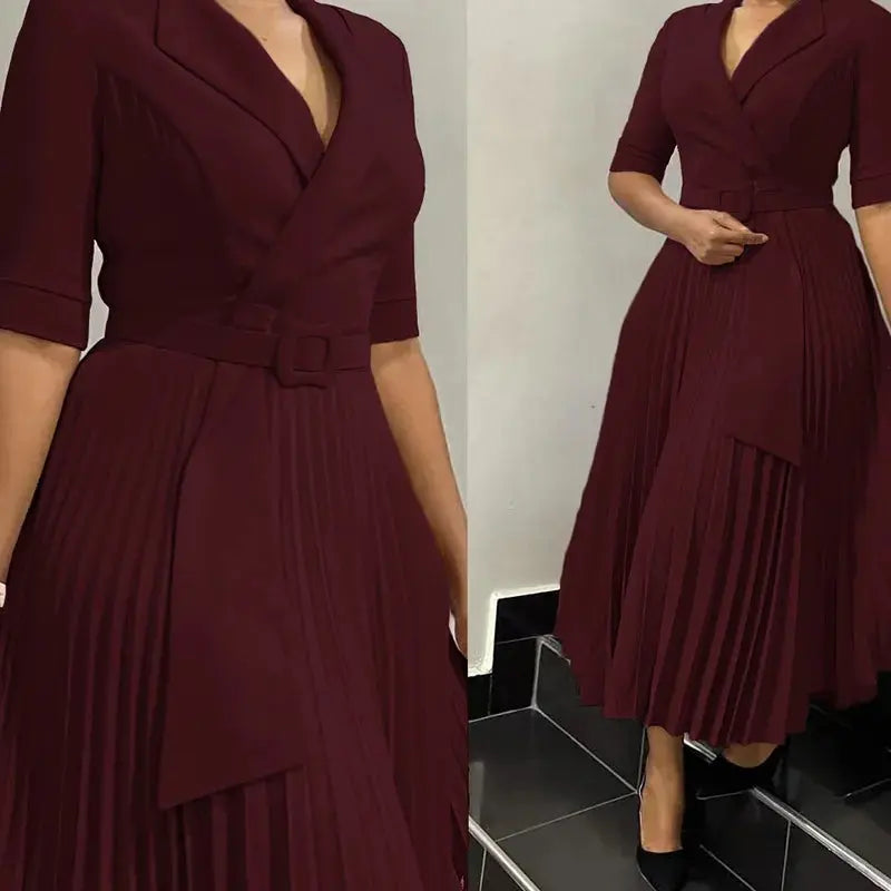 Women's Clothing Ladies Elegant Temperament Casual Dresses Fashion Suit Collar Pleated Waist Casual Office Plus Size Dress Boutique Mélange Parfait