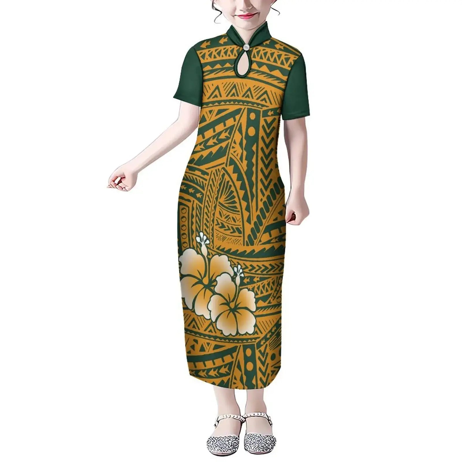 Mandarin Collar Short Sleeve Toddler Kids Dress Custom Hibiscus Flower Polynesian Tribal Printed Girls Dress Children Clothing Boutique Mélange Parfait
