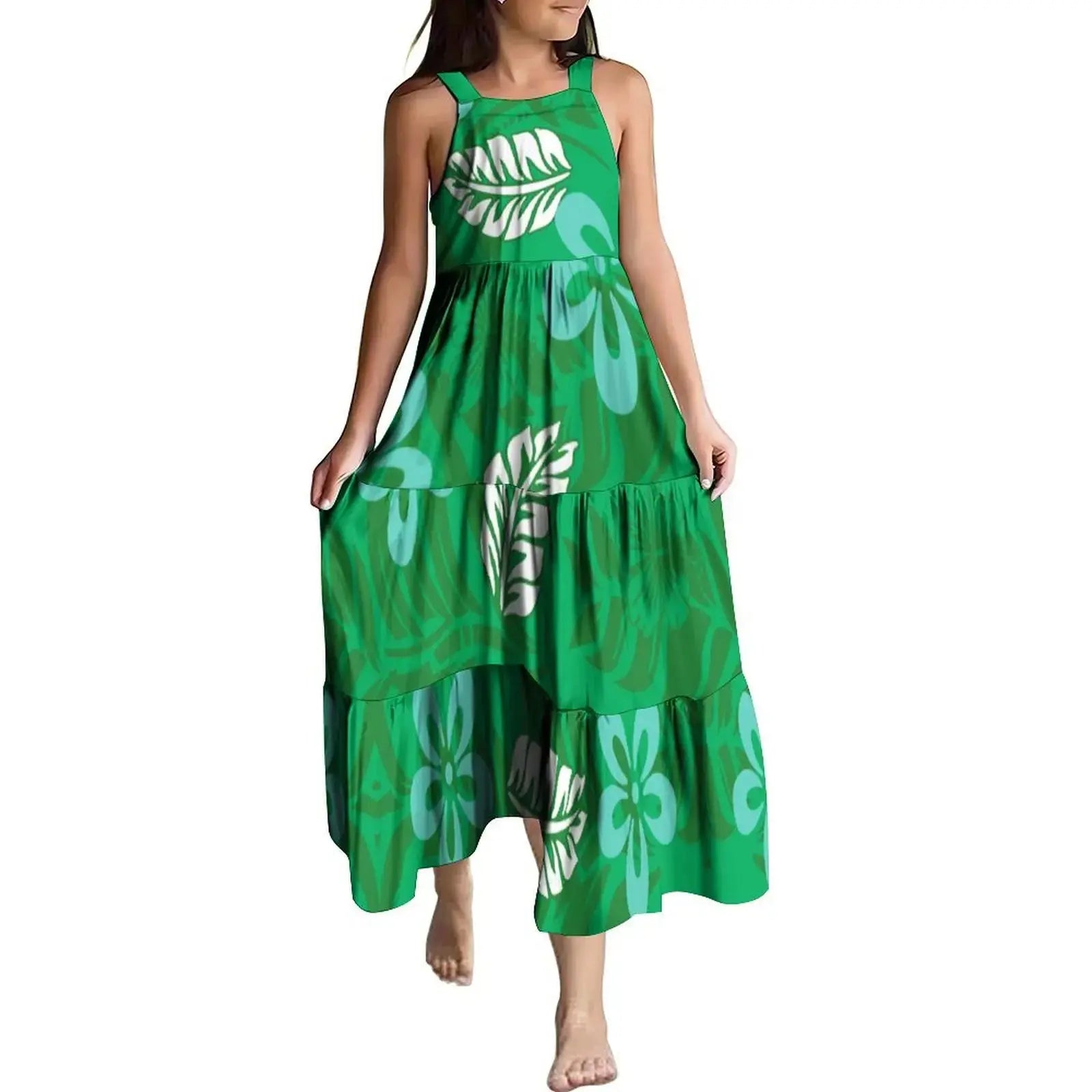 Hawaiian Style Tropical Floral Printing Sleeveless Sling Kids Dress Summer Beach Long Girls Dress OEM Custom Children Clothing Boutique Mélange Parfait