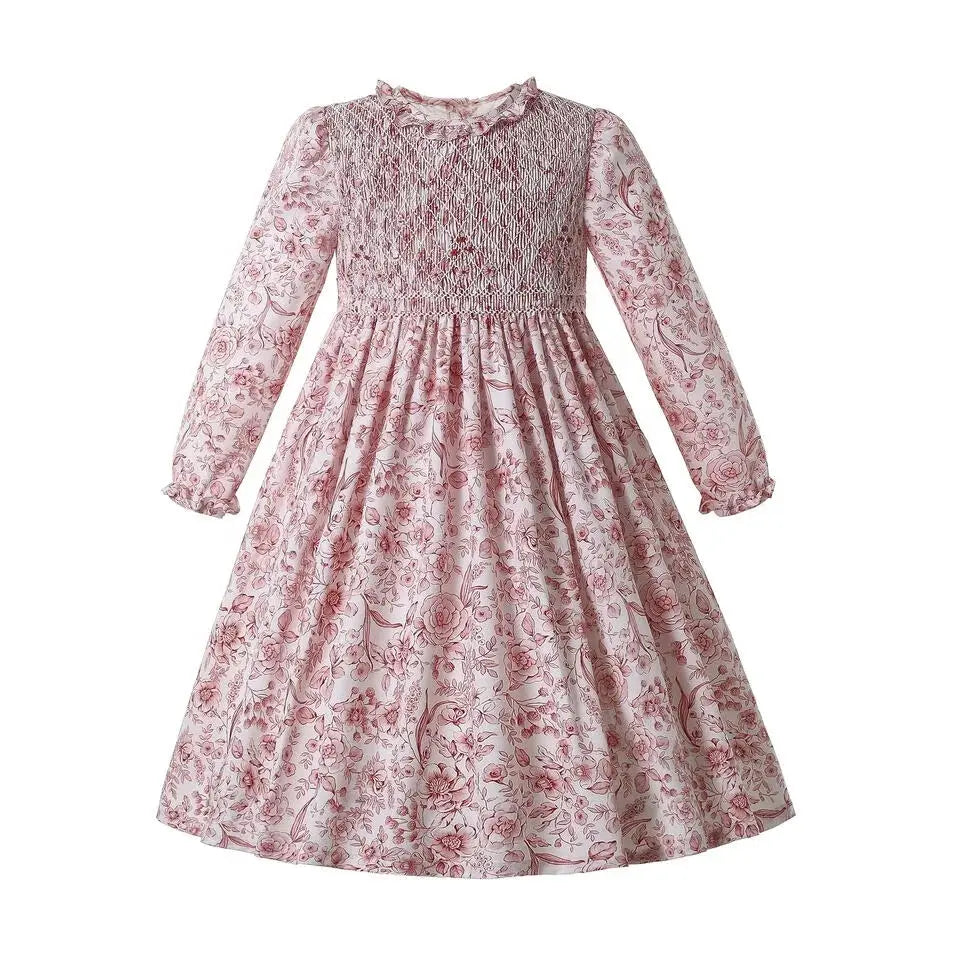 Pettigirl Kids Long Sleeve Smock Dress Girls Pink Smocked Children Clothing Wholesale Vintage Girl Dress 2 3 4 5 6 8 10 12Y Boutique Mélange Parfait