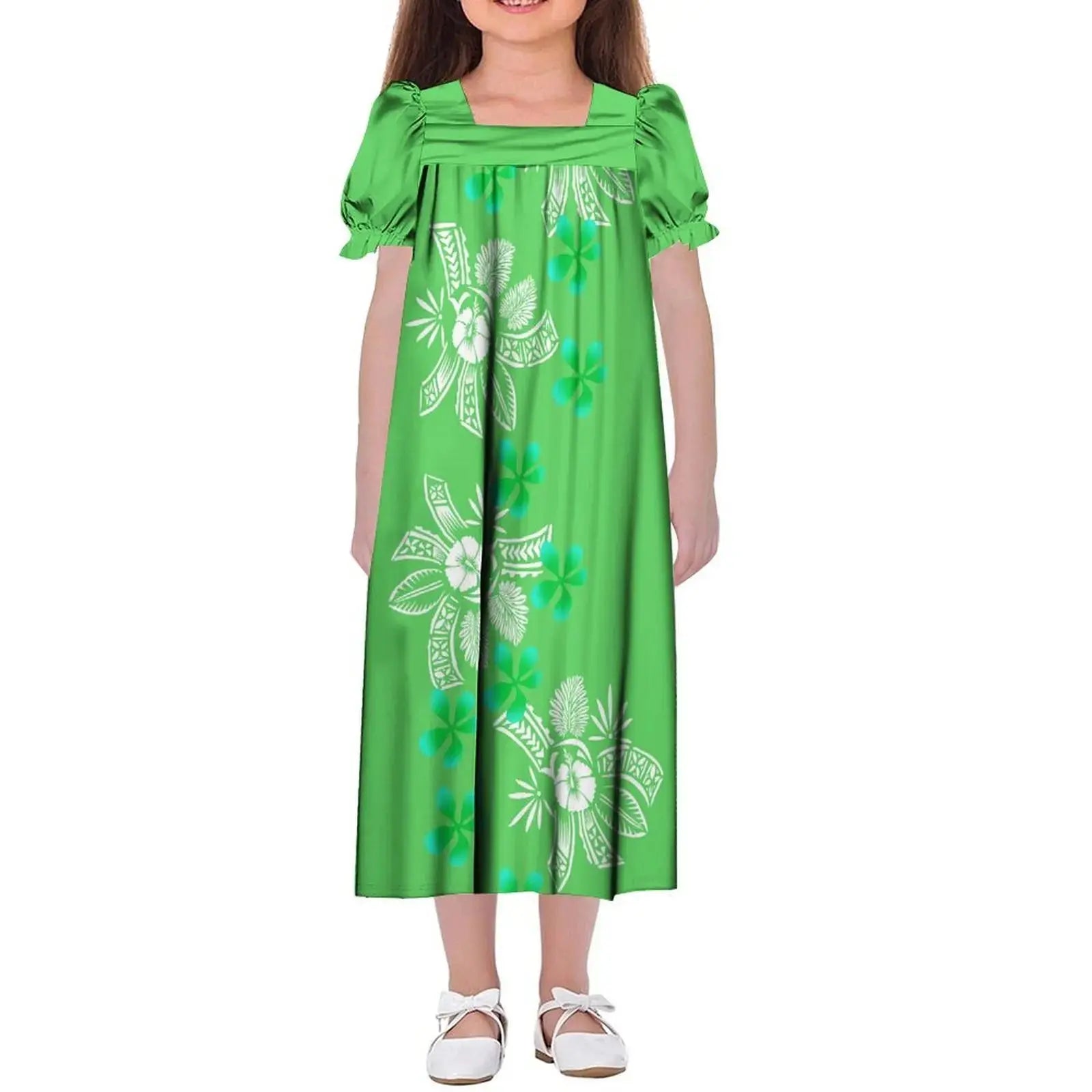New Design Customized Polynesian Tribal Printed Girls Micronesian Mumu Children Clothing Kids Puff Sleeve Puffy Dress for Girls Boutique Mélange Parfait