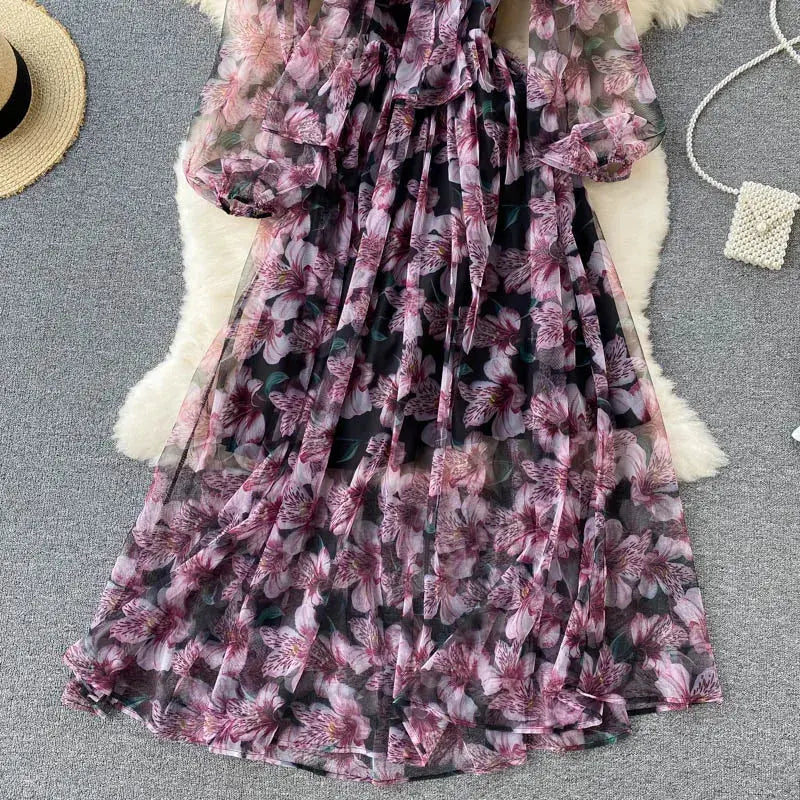 Long Sleeve O-Neck Print A-Line Dress Autumn Simple Chiffon High Waist Maxi Dress Ladies Casual Dress Clothes Women Wholesale Boutique Mélange Parfait
