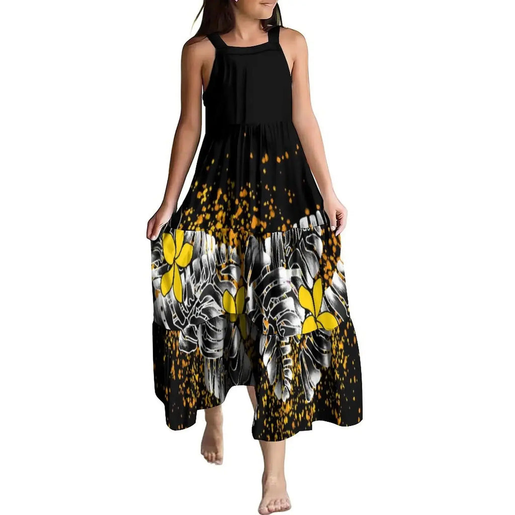 Hawaiian Style Tropical Floral Printing Sleeveless Sling Kids Dress Summer Beach Long Girls Dress OEM Custom Children Clothing Boutique Mélange Parfait