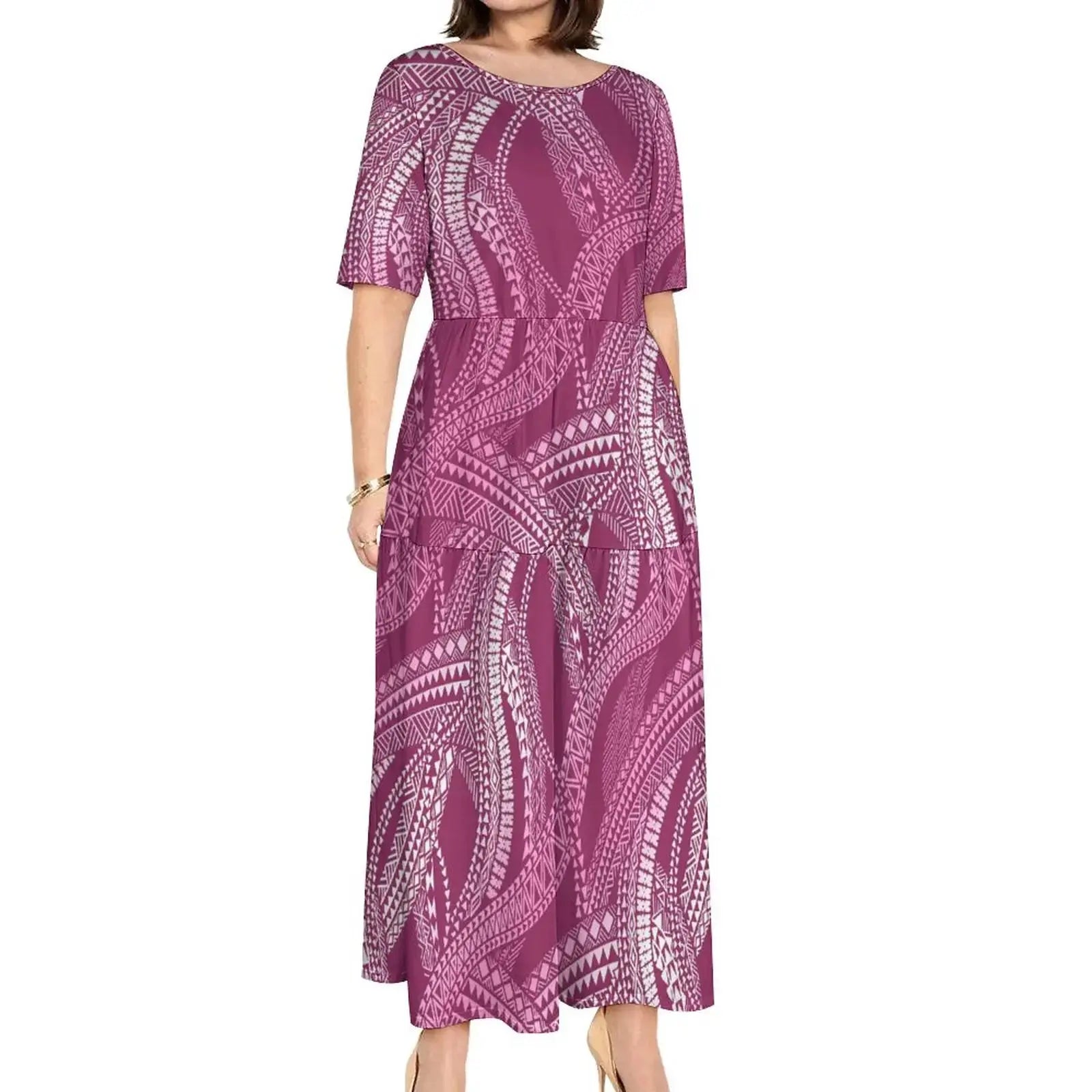 Island Clothing 2023 Short Sleeve Monstera Leaf Evening Dresses Polynesian Tribal Hawaiian Print Custom Samoan Dress Women Boutique Mélange Parfait