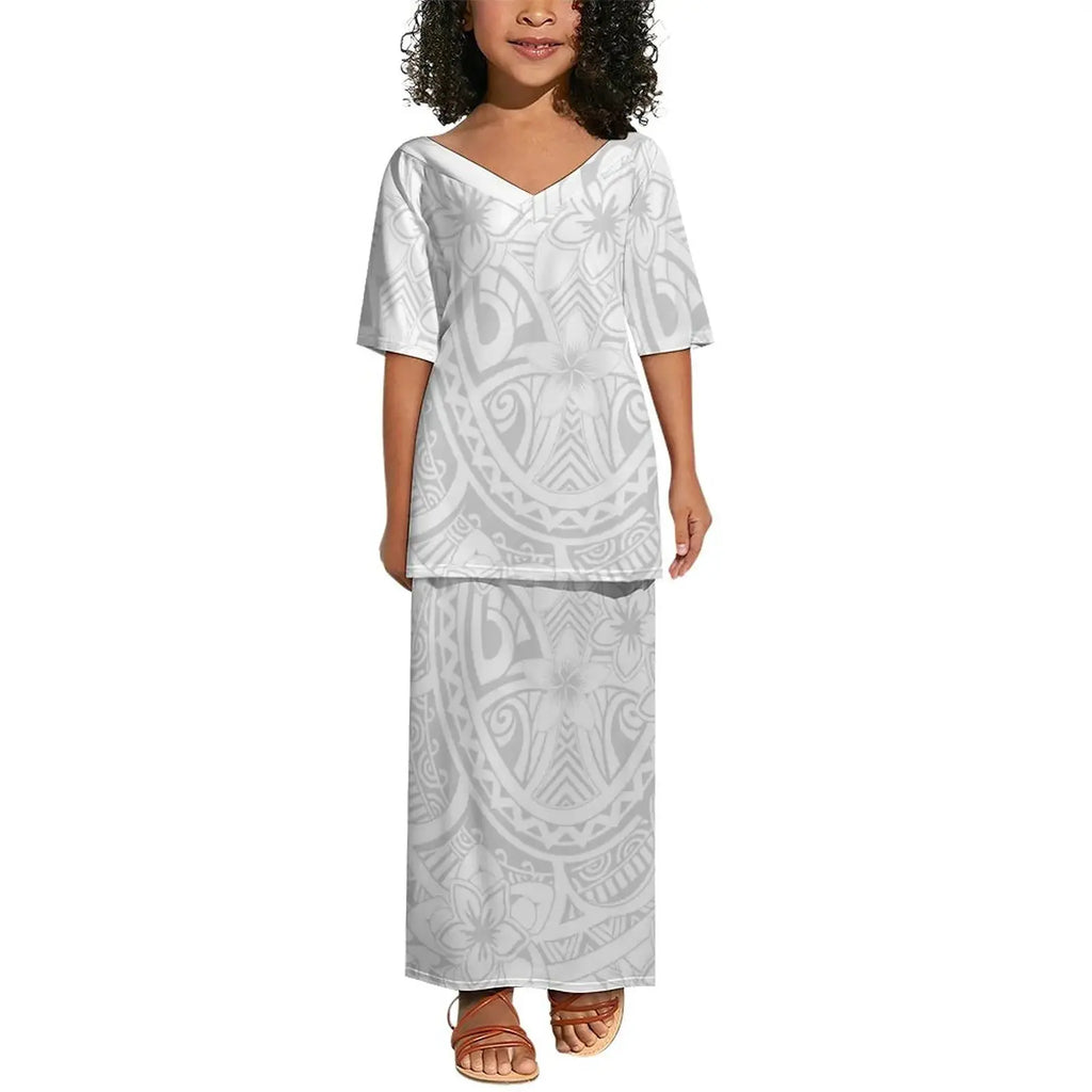 Wholesale Customized Polynesian Tribal Girls Dress Kids Clothes Printed Kids Floral Dresses Milk Silk Puletasi Children Clothing Boutique Mélange Parfait