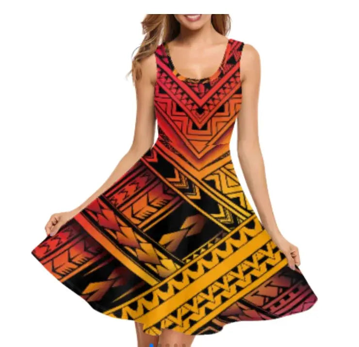 Print on Demand Wholesale Custom Blue Polynesian Pattern Women's Summer Spaghetti Strap Casual Swing Tank Beach Cover up Dress Boutique Mélange Parfait