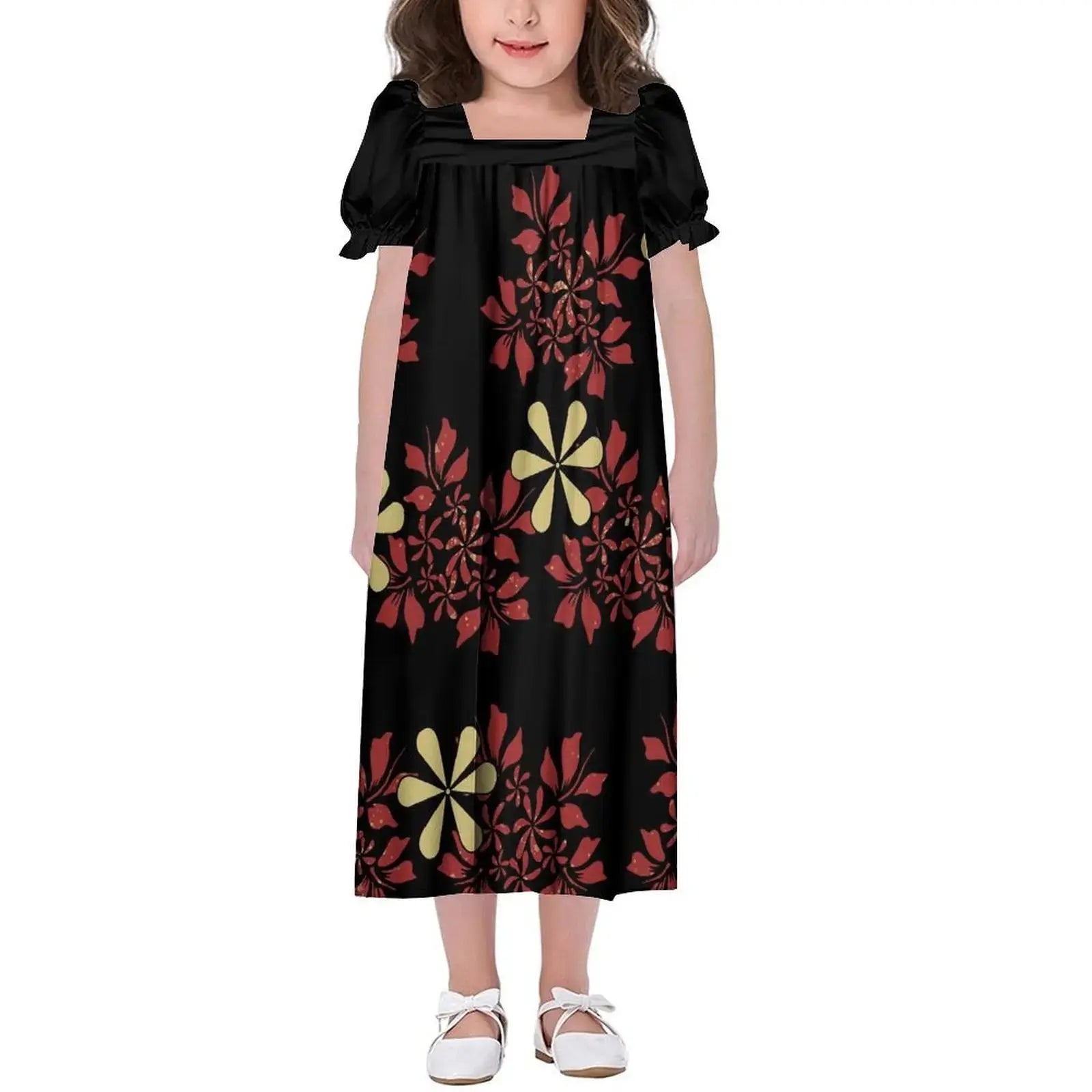 New Design Customized Polynesian Tribal Printed Girls Micronesian Mumu Children Clothing Kids Puff Sleeve Puffy Dress for Girls Boutique Mélange Parfait