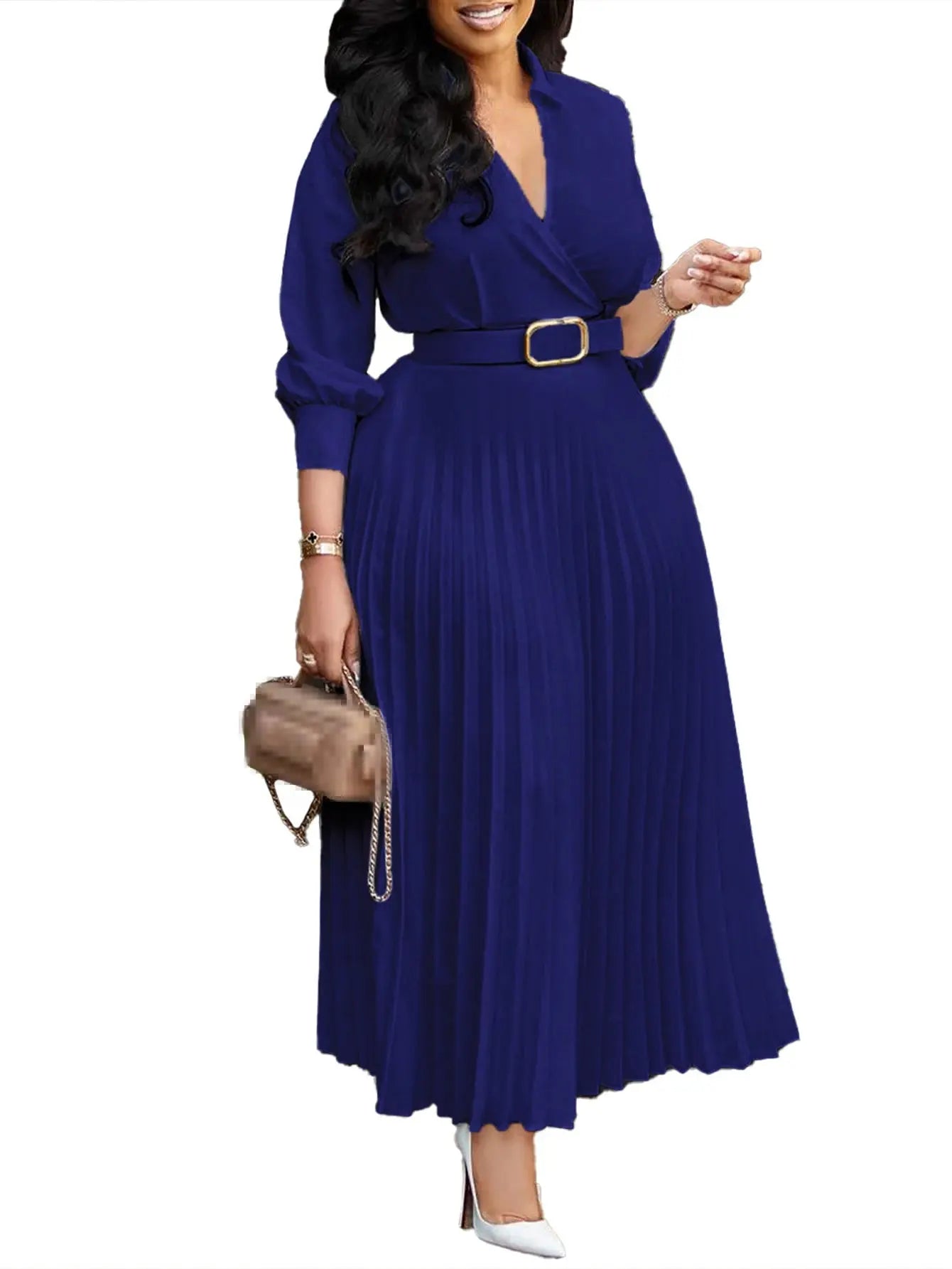 2026 Trendy Spring Dresses Women Lady Elegant Long Sleeve V-neck Pleated Office Dress Elegant Casual Dresses With Belt Boutique Mélange Parfait