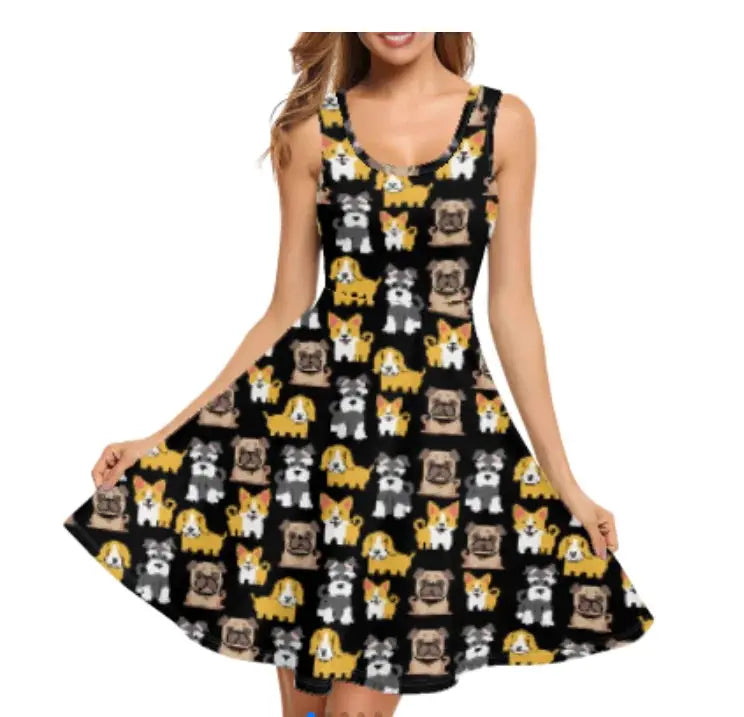 Print on Demand Wholesale Custom Blue Polynesian Pattern Women's Summer Spaghetti Strap Casual Swing Tank Beach Cover up Dress Boutique Mélange Parfait