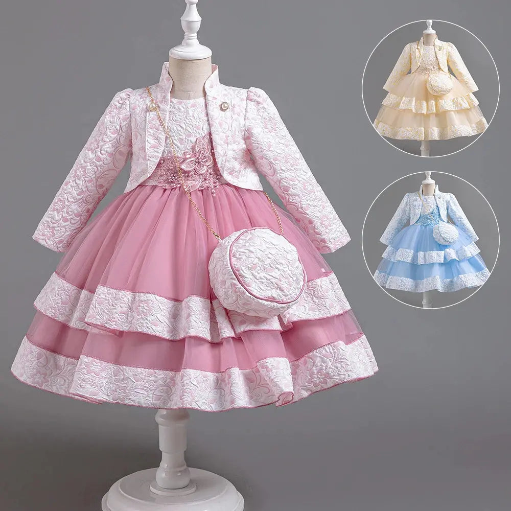Puffy Dress for Girls Jacquard Pattern Tulle Patchwork Children Clothing 3D Appliques Casual Birthday Dresses Boutique Mélange Parfait