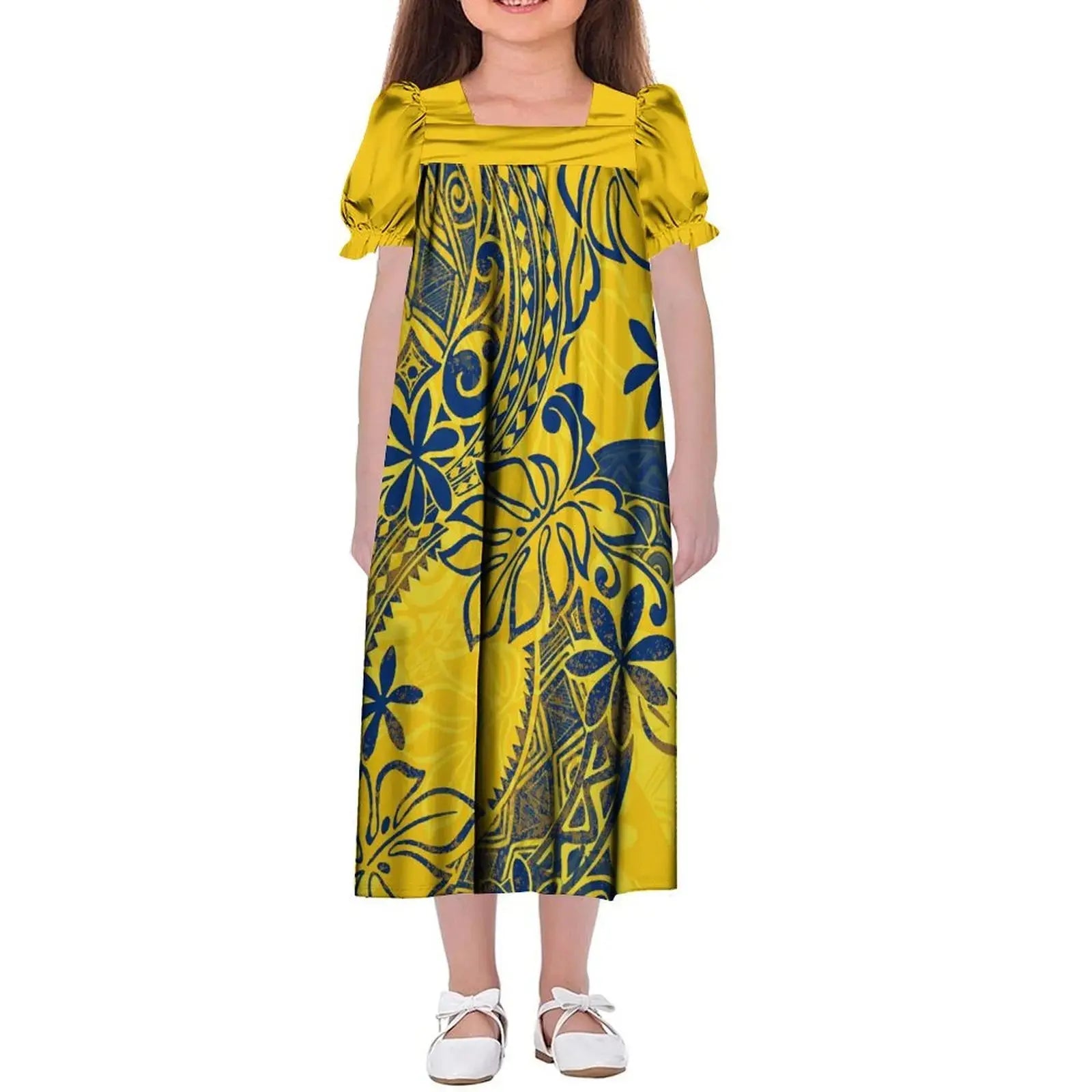 New Design Customized Polynesian Tribal Printed Girls Micronesian Mumu Children Clothing Kids Puff Sleeve Puffy Dress for Girls Boutique Mélange Parfait