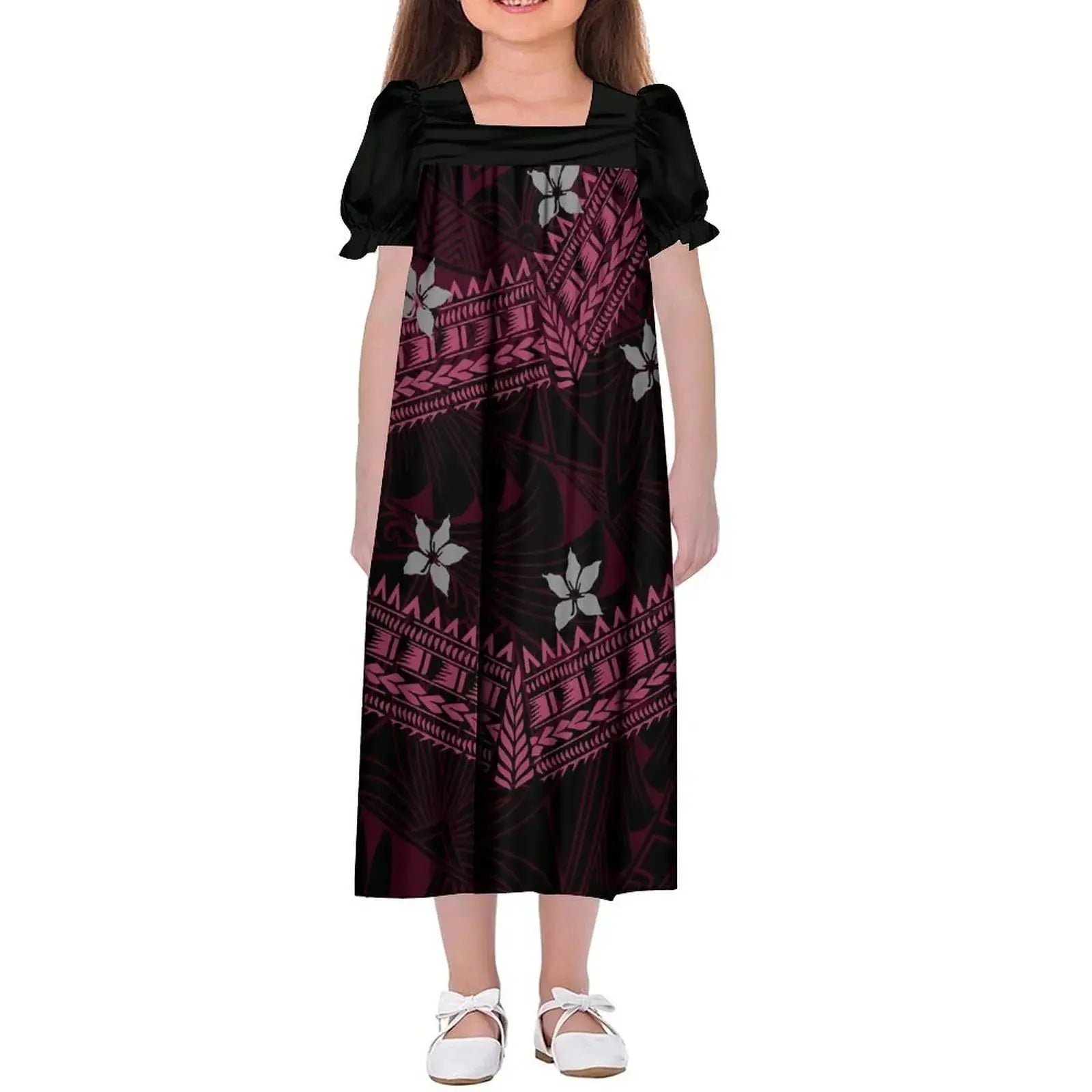 New Design Customized Polynesian Tribal Printed Girls Micronesian Mumu Children Clothing Kids Puff Sleeve Puffy Dress for Girls Boutique Mélange Parfait