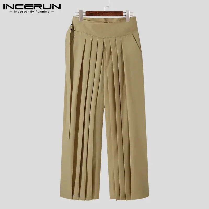 INCERUN-Pantalon Plissé Solide pour Homme, Poches à Lacets, Jambes Larges, FjMen Streetwear, Mode Décontractée, Pantalon S-5XL, 2024 Boutique Mélange Parfait