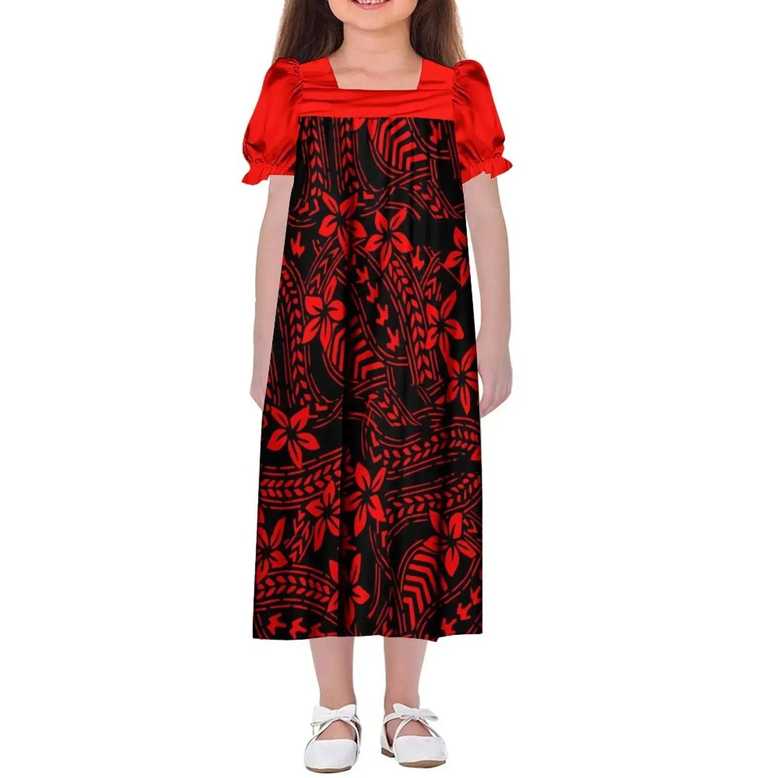 New Design Customized Polynesian Tribal Printed Girls Micronesian Mumu Children Clothing Kids Puff Sleeve Puffy Dress for Girls Boutique Mélange Parfait