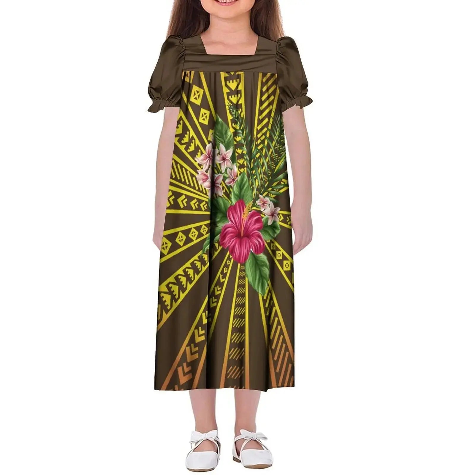New Design Customized Polynesian Tribal Printed Girls Micronesian Mumu Children Clothing Kids Puff Sleeve Puffy Dress for Girls Boutique Mélange Parfait