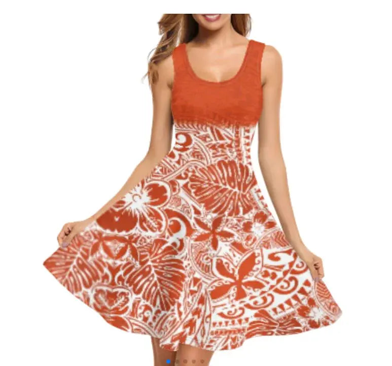 Print on Demand Wholesale Custom Blue Polynesian Pattern Women's Summer Spaghetti Strap Casual Swing Tank Beach Cover up Dress Boutique Mélange Parfait