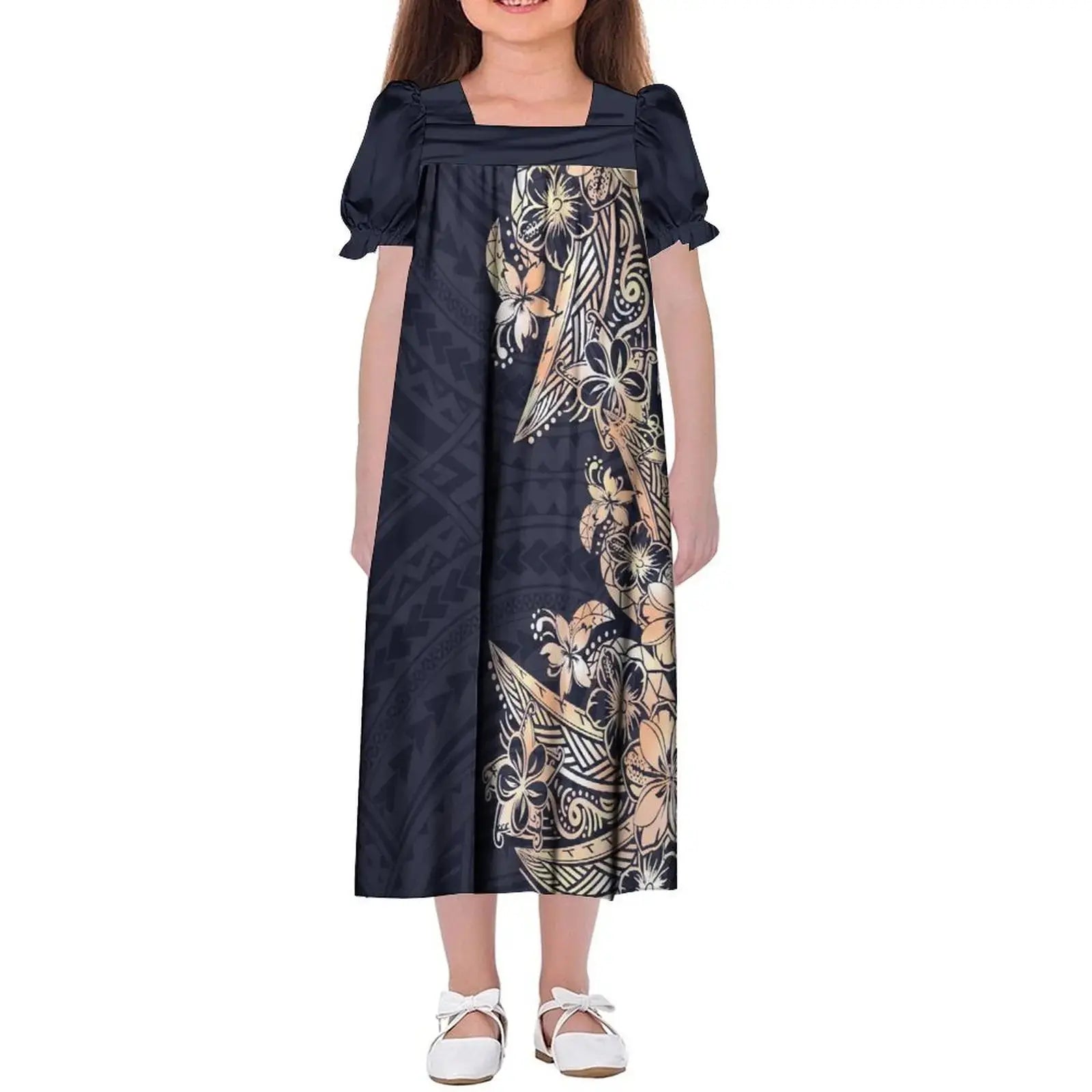 New Design Customized Polynesian Tribal Printed Girls Micronesian Mumu Children Clothing Kids Puff Sleeve Puffy Dress for Girls Boutique Mélange Parfait