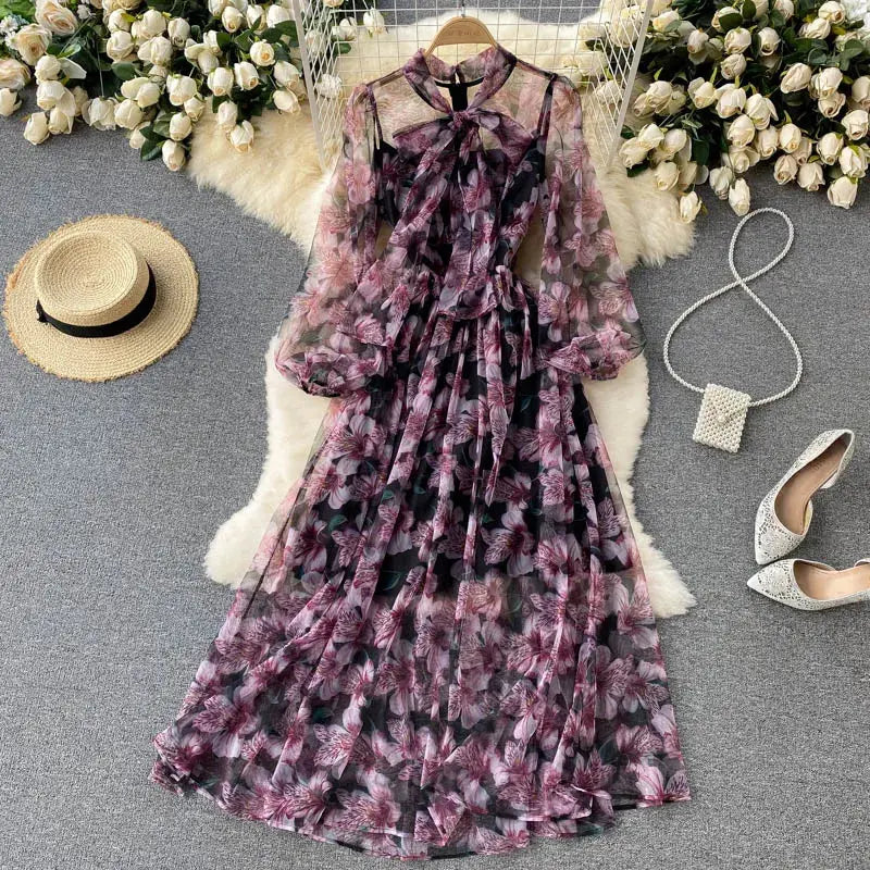 Long Sleeve O-Neck Print A-Line Dress Autumn Simple Chiffon High Waist Maxi Dress Ladies Casual Dress Clothes Women Wholesale Boutique Mélange Parfait