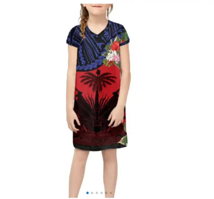 Promotional Custom Wholesale Breathable Luxury Haitian Dress Haiti Flag Kids Dresses for Girls Dresses 2-12 Children Clothing Boutique Mélange Parfait