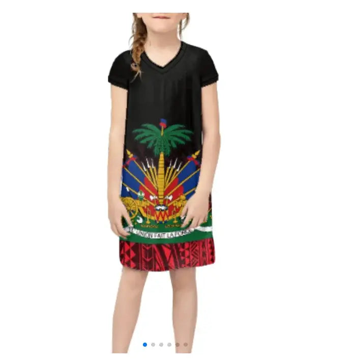 Promotional Custom Wholesale Breathable Luxury Haitian Dress Haiti Flag Kids Dresses for Girls Dresses 2-12 Children Clothing Boutique Mélange Parfait