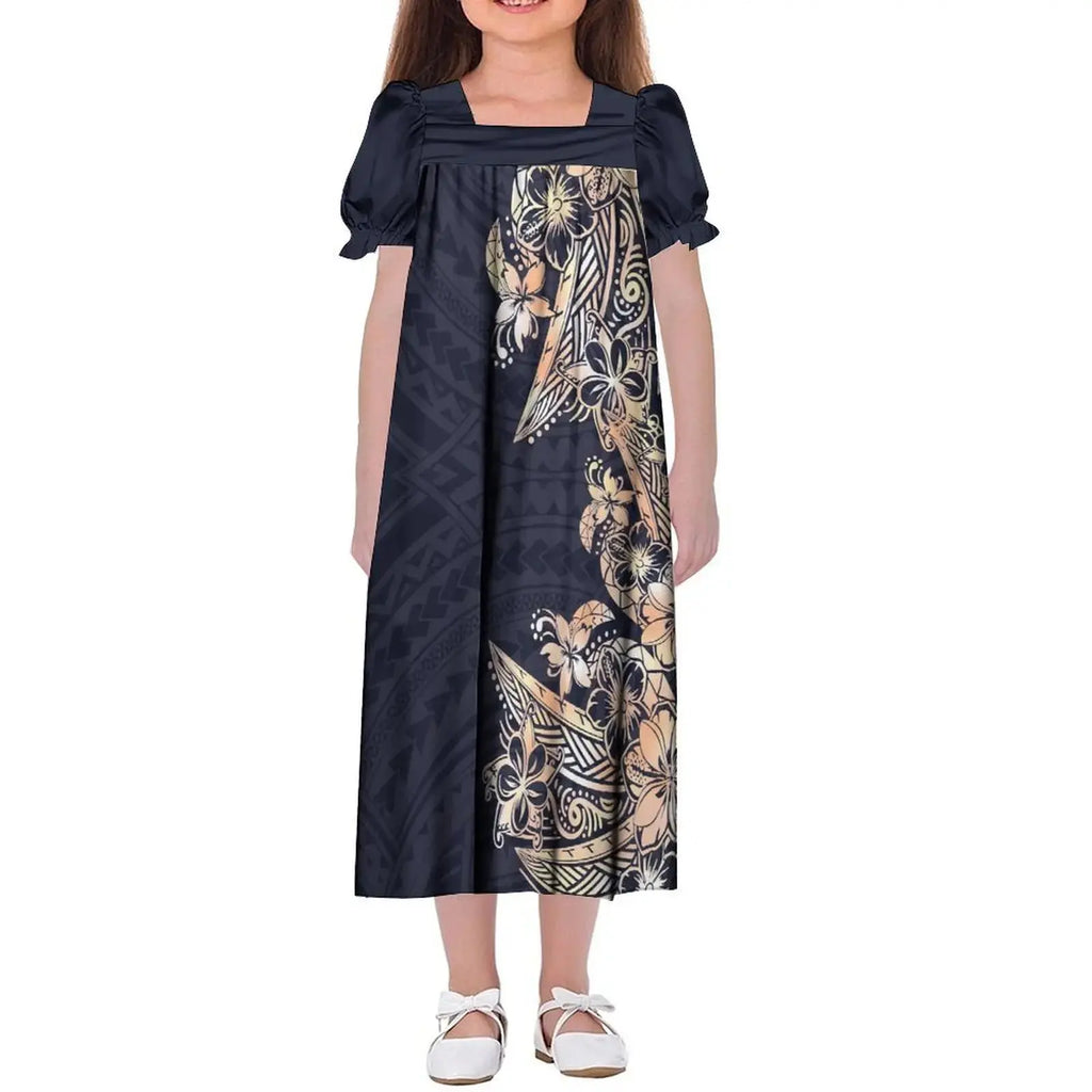 New Design Customized Polynesian Tribal Printed Girls Micronesian Mumu Children Clothing Kids Puff Sleeve Puffy Dress for Girls Boutique Mélange Parfait
