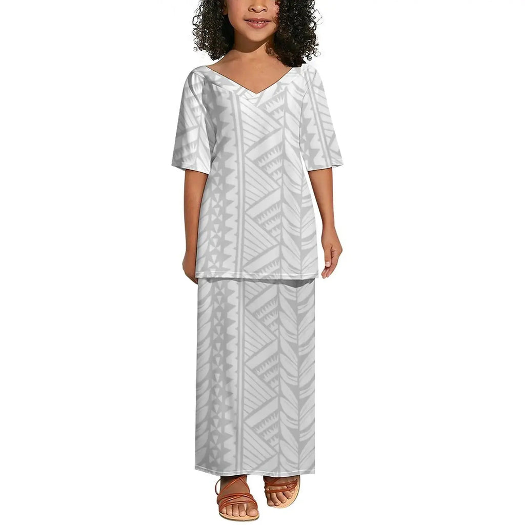 Wholesale Customized Polynesian Tribal Girls Dress Kids Clothes Printed Kids Floral Dresses Milk Silk Puletasi Children Clothing Boutique Mélange Parfait