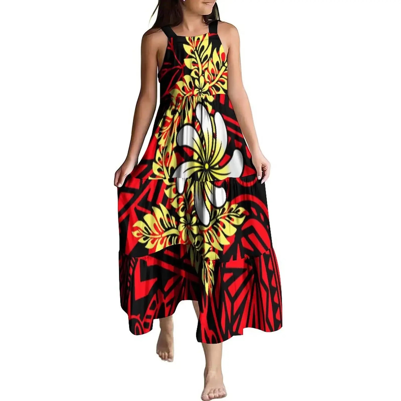 Hawaiian Style Tropical Floral Printing Sleeveless Sling Kids Dress Summer Beach Long Girls Dress OEM Custom Children Clothing Boutique Mélange Parfait