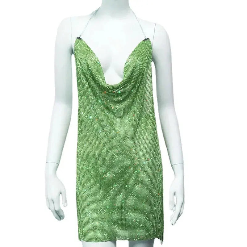 Women Gold Silver Black Backless Halter Drape Diamond Dresses Green Pink Rhinestone Chainmail Side Slit Mini Dress Boutique Mélange Parfait
